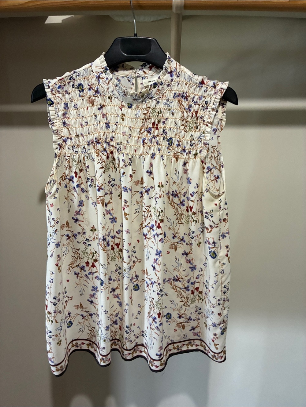 Max Studio Cream Floral Smocked Mock-Neck Sleeveless Top